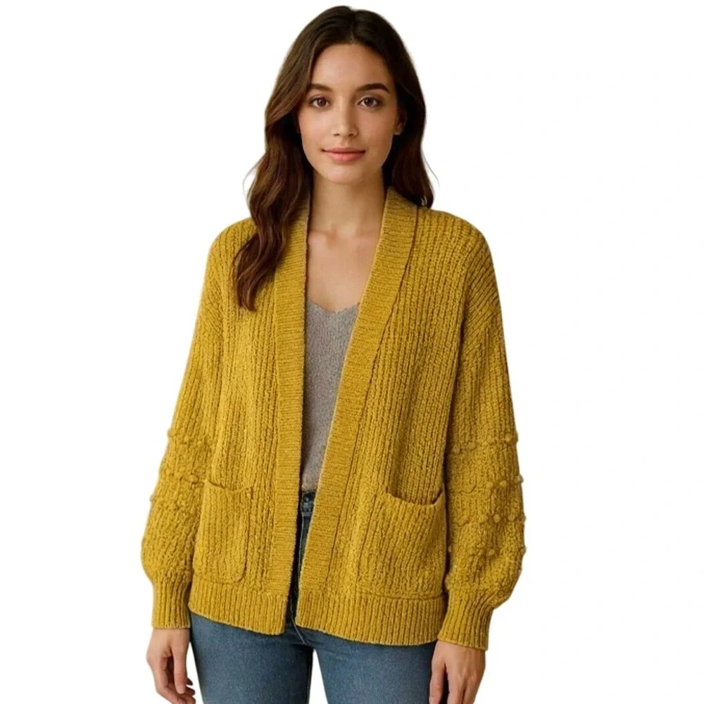 Madewell Bobble Sleeves Mustard Yellow Open Front‎ Textured Knit Cardigan XL